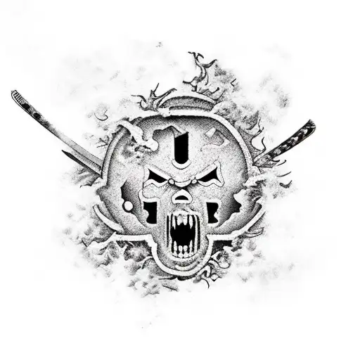 Samurai, burned field, scattered skulls tattoo design idea