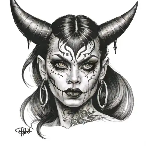devil girl with eyes stretched earlobes  tattoo design idea