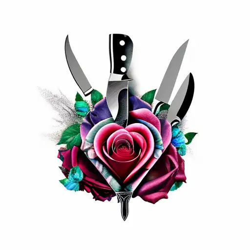 knife heart roses blended tattoo design idea