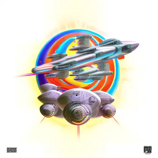 starship and planet blended tattoo design idea