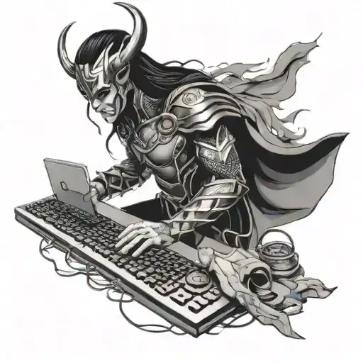 Loki is scamming with computer and keyboard transforming tattoo design idea