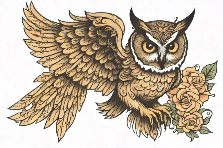 owl flying feminine tattoo design idea