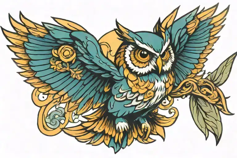 owl flying feminine tattoo design idea