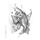 a tattoo for a whole arm with a lot of ink stain and on the shoulder, a koi carp tattoo design idea