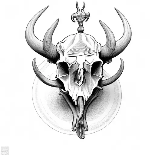 bust of Moloch with a bull's skull for a head and a child's skull in his hands tattoo design idea