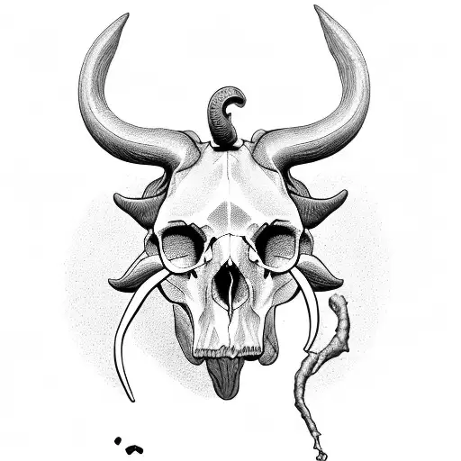 bust of Moloch with a bull's skull for a head and a child's skull in his hands tattoo design idea