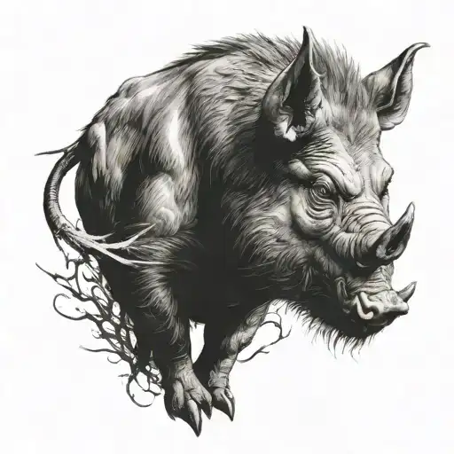 angry Boar pig with one big tusk and one broken tusk tattoo design idea