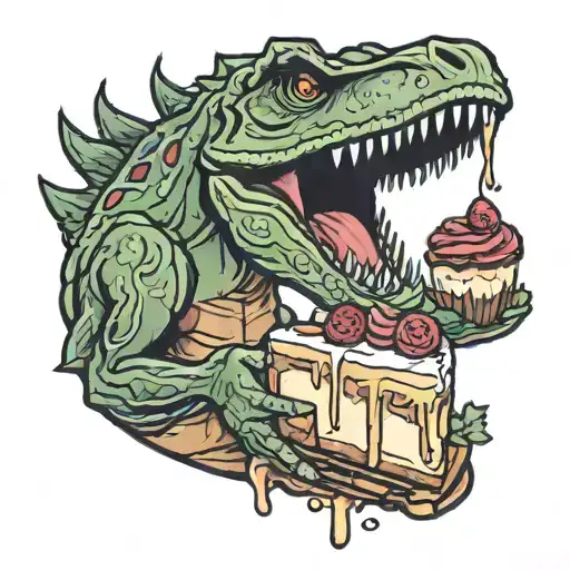 Trex eating a slice of cheesecake tattoo design idea