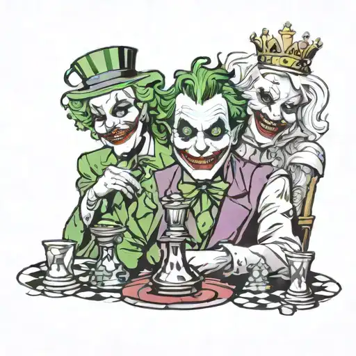 the joker grinning holding a queen and king chess piece  tattoo design idea