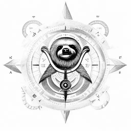 A vintage-inspired travel postcard with a sloth holding a compass, surrounded by Sagittarius symbols, representing the client's passion for travel and family tattoo design idea