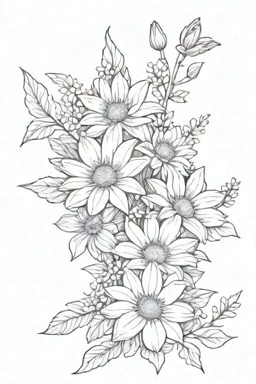 bouquet of flowers intertwined w two chrysanthemum flowers, two daisy flowers, two violet flowers, a daffodil flower tattoo design idea