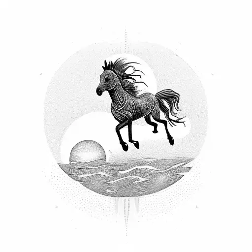 A mystical dotwork design of a horse running towards the setting sun tattoo design idea