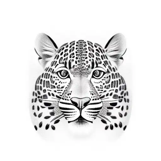 A realistic depiction of a leopard's face sorrounded by an african shield tattoo design idea
