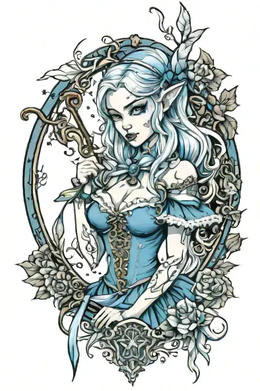 sexy snow elf in a blue dress holding a bow tattoo design idea