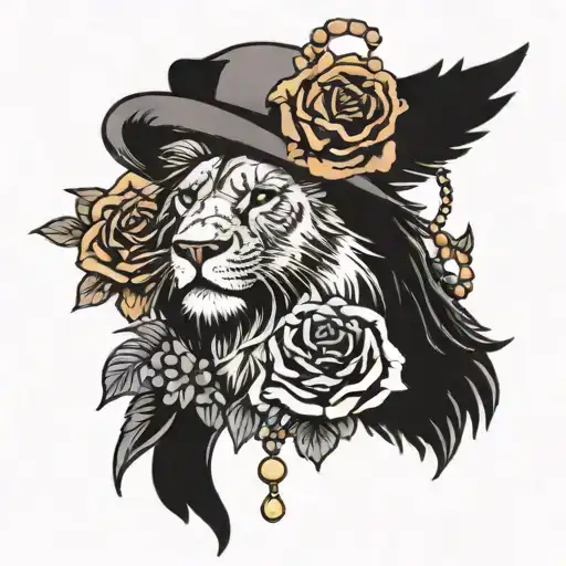 Lion head, violets, roses, rosary, crow perched tattoo design idea