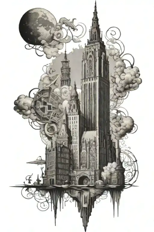 Empire State Building, gaudi cathedral and Amsterdam canal scene   tattoo design idea