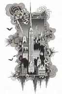 Empire State Building, gaudi cathedral and Amsterdam canal scene   tattoo design idea