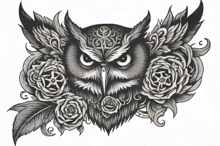 An evil owl with a skull tattoo design idea