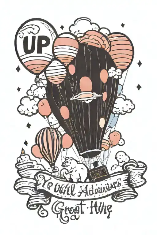 Up movie, ellie badge with carls balloons floating in the sky. phrase " You will alway be my great adventure!" tattoo design idea