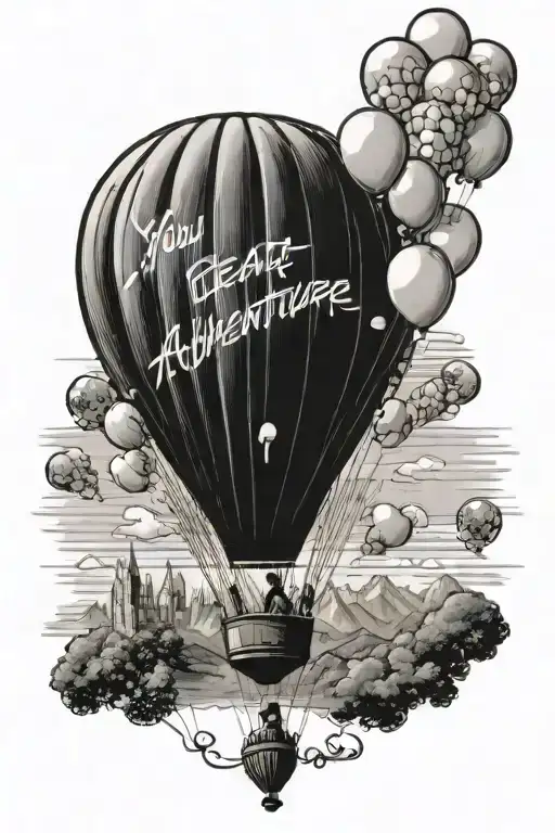 Up movie, ellie badge with carls balloons floating in the sky. phrase " You will alway be my great adventure!" tattoo design idea