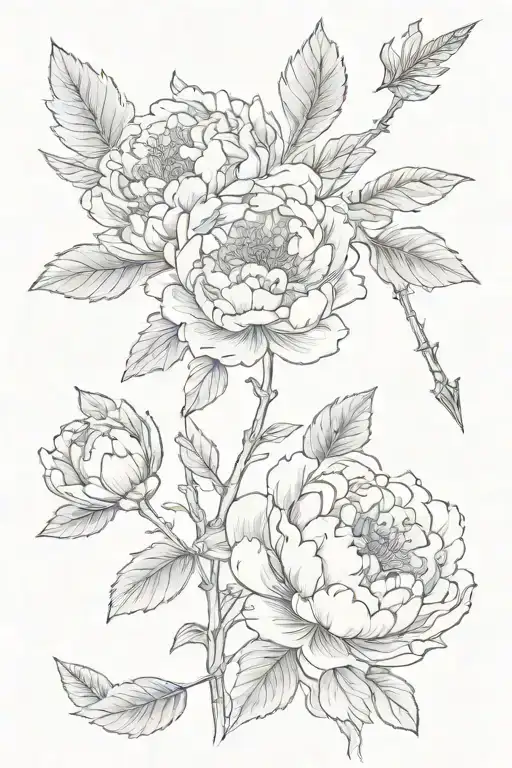 peony flowers with leaf clover and arrow  tattoo design idea