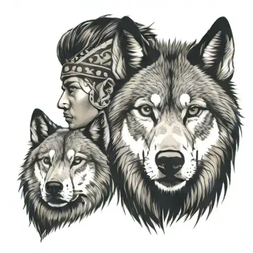 indios  male portrait and wolf head beside tattoo design idea