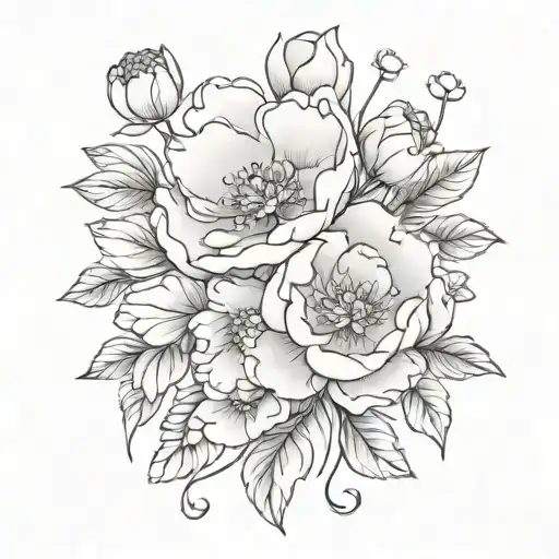 peony flowers with leaf clover tattoo design idea