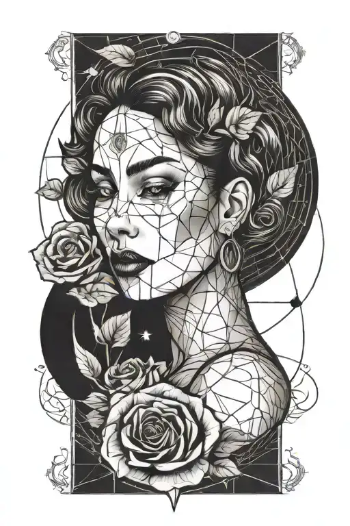 woman face with moon and rose surrounded tattoo design idea