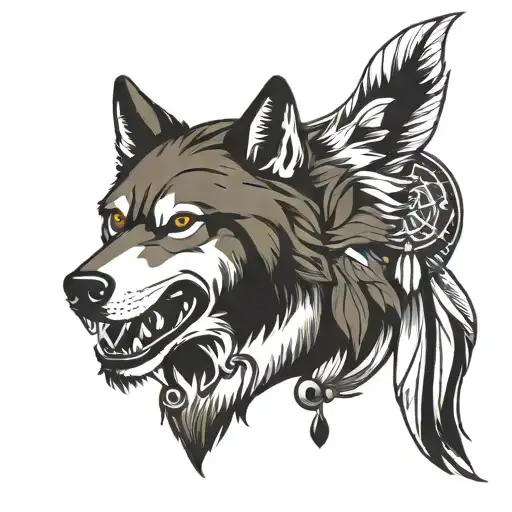 indian of america and wolf face  tattoo design idea