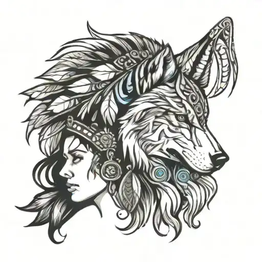 indian and wolf head profile holding tattoo design idea