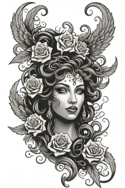 medusa myth face with rose surrounded by flame like wings tattoo design idea
