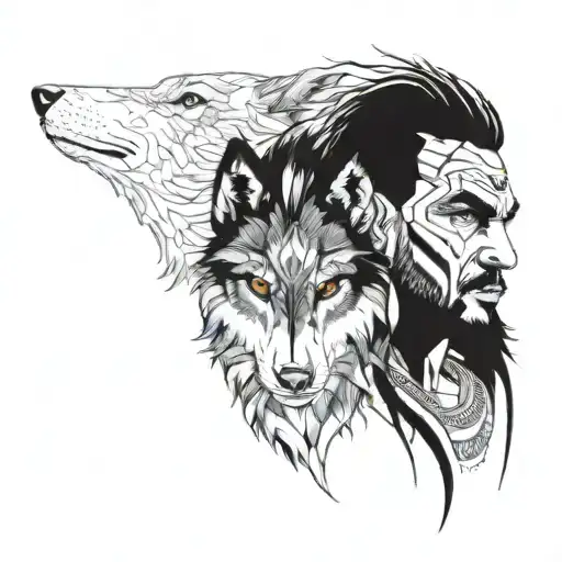 indian male portrait and wolf head  beside  tattoo design idea