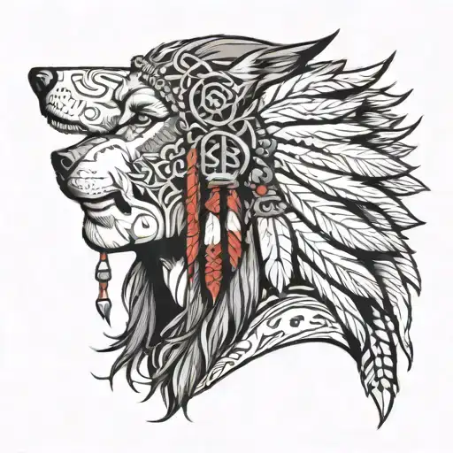 indian and wolf head profile holding tattoo design idea
