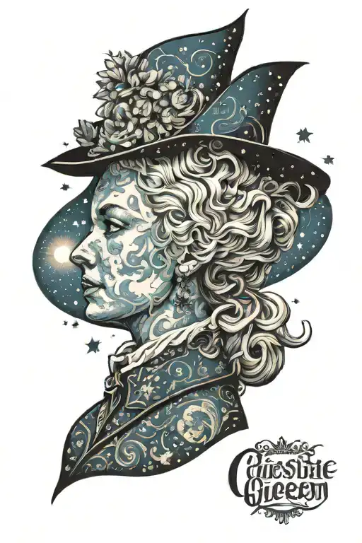 silhouette of chesse queen with the starry night of van gogh inside tattoo design idea