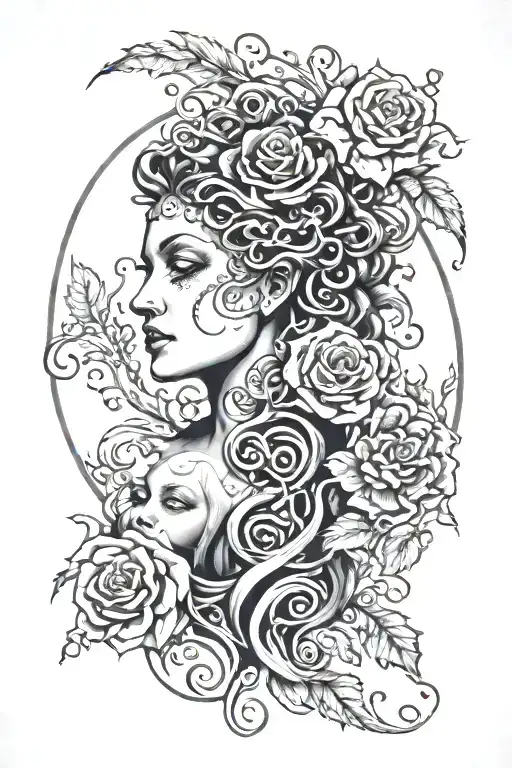 medusa myth face with moon and rose surrounded by flame tattoo design idea