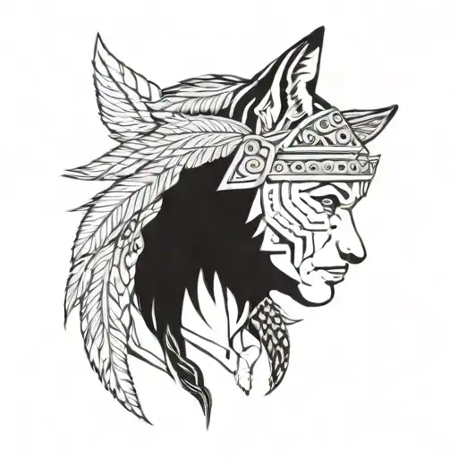 indios  male portrait and wolf head beside tattoo design idea