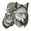 indios  male portrait and wolf head beside tattoo design idea