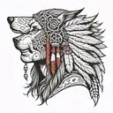 indian and wolf head profile holding tattoo design idea