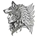 indian and wolf head profile holding tattoo design idea