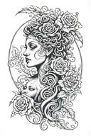 medusa myth face with moon and rose surrounded by flame tattoo design idea