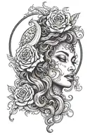 medusa myth face with moon and rose surrounded by flame tattoo design idea