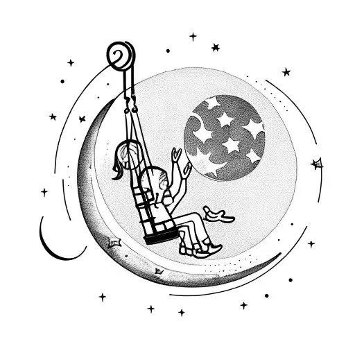 3 children sitting on a swing attactched to a crescent moon surrounded by stars  tattoo design idea