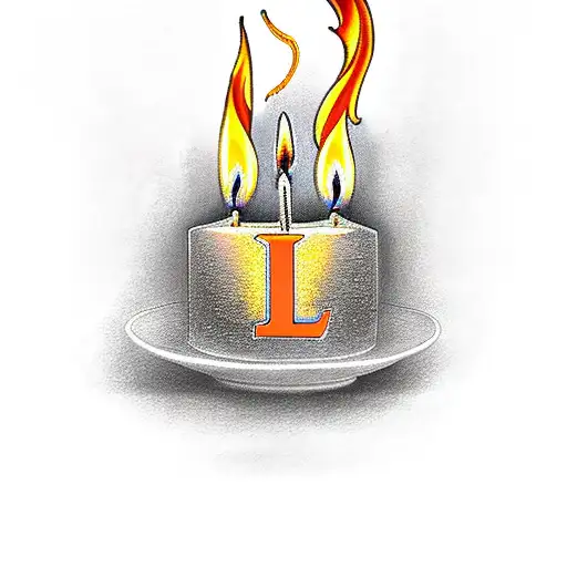 Black and gold victorian candle with orange flame and the letter L tattoo design idea