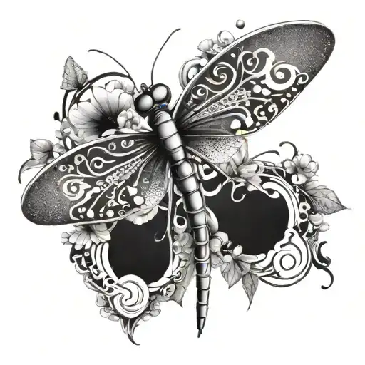 A dotwork design of a dragonfly and butterfly intertwined with musical notes and flower petals, representing the client's passion for music and nature tattoo design idea