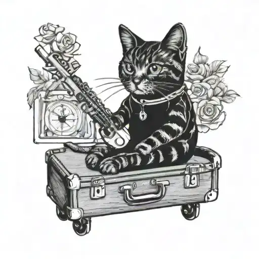 A blackwork tattoo of a cat wearing headphones and listening to music while sitting on a suitcase, showcasing the client's love for music and travelling tattoo design idea