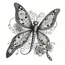 A dotwork design of a dragonfly and butterfly intertwined with musical notes and flower petals, representing the client's passion for music and nature tattoo design idea