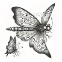 A dotwork design of a dragonfly and butterfly intertwined with musical notes and flower petals, representing the client's passion for music and nature tattoo design idea