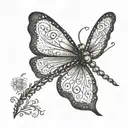 A dotwork design of a dragonfly and butterfly intertwined with musical notes and flower petals, representing the client's passion for music and nature tattoo design idea