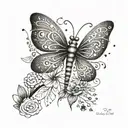 A dotwork design of a dragonfly and butterfly intertwined with musical notes and flower petals, representing the client's passion for music and nature tattoo design idea