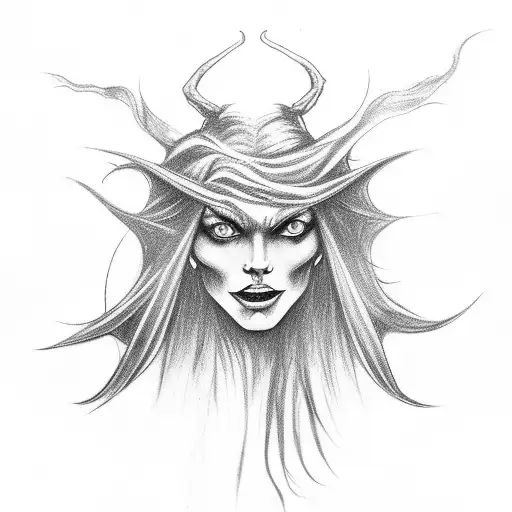 A witch casting spells with a background of Lucifer's silhouette tattoo design idea